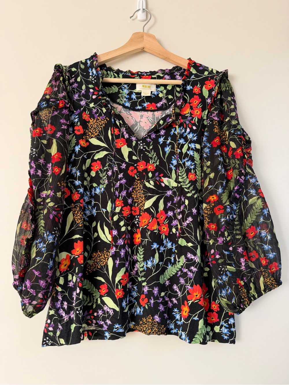 Anthropologie Black Floral Puff Sleeve Peasant Blouse Size M - Picture 1 of 7